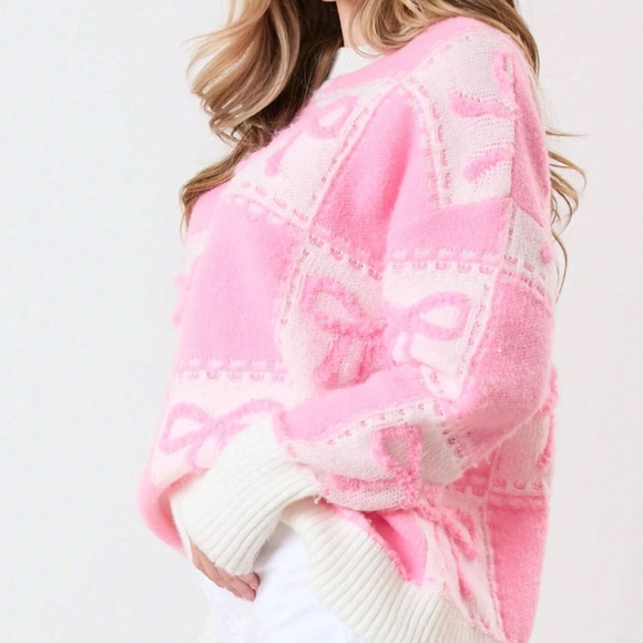 Cozy Bow Print Color Block Oversized Sweater Top - Picture 4 of 11